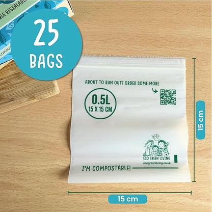 Compostable Resealable Zip lock Bags Small | 0.5 Litre (75 bags) - EcoGreenLiving