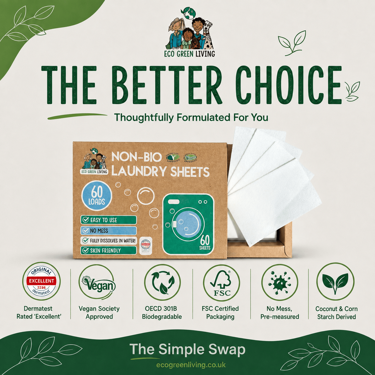 Non-Bio Laundry Detergent Sheets x 60 (Fragrance-Free) Eco Green Living - EcoGreenLiving