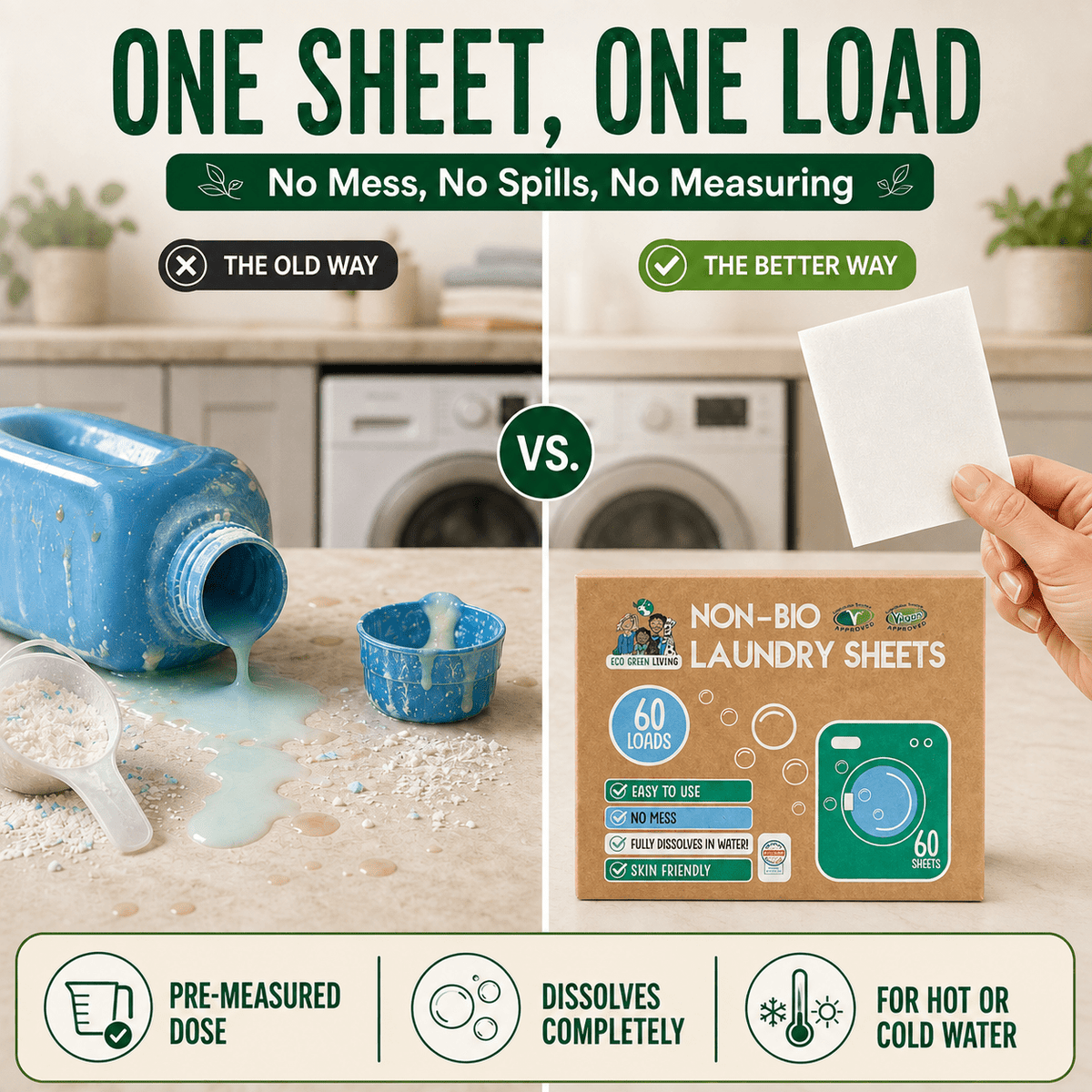 Non-Bio Laundry Detergent Sheets x 60 (Fragrance-Free) Eco Green Living - EcoGreenLiving