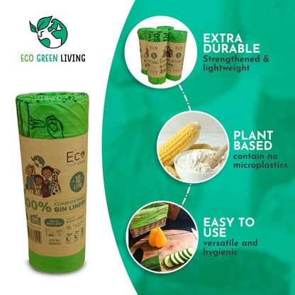 10L Compostable Waste Bags | 6 Rolls of 18 Bags | Eco Green Living - EcoGreenLiving