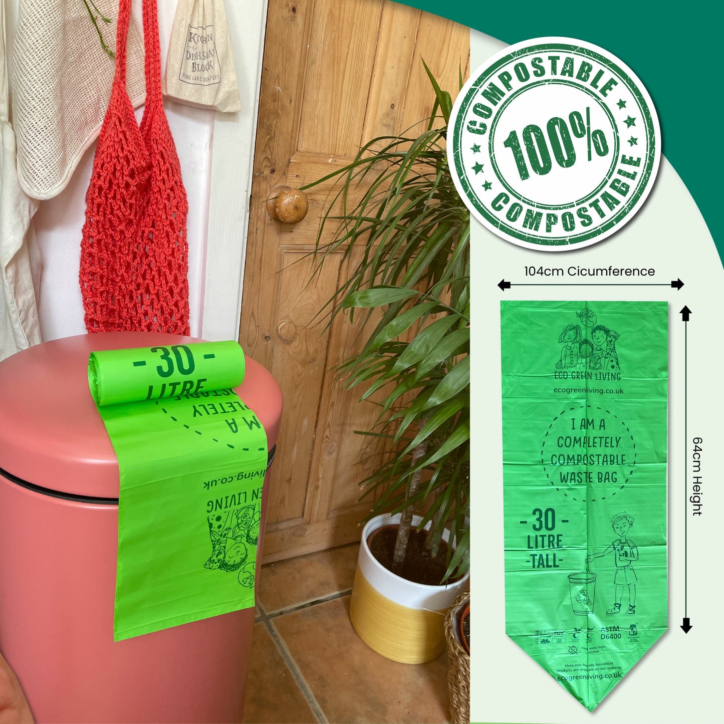 30 Litre Compostable Waste Bags | 1 Roll of 18 Bags | Eco Green Living - Eco Green Living