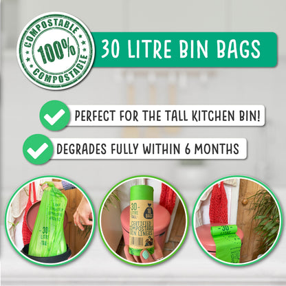 30 Litre Compostable Waste Bags | 1 Roll of 18 Bags | Eco Green Living - Eco Green Living