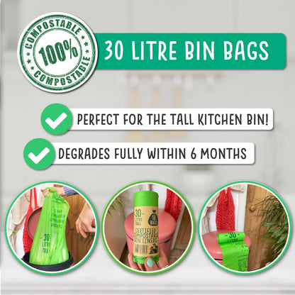 30 Litre Compostable Waste Bags | 6 Rolls of 18 Bags | Eco Green Living - EcoGreenLiving