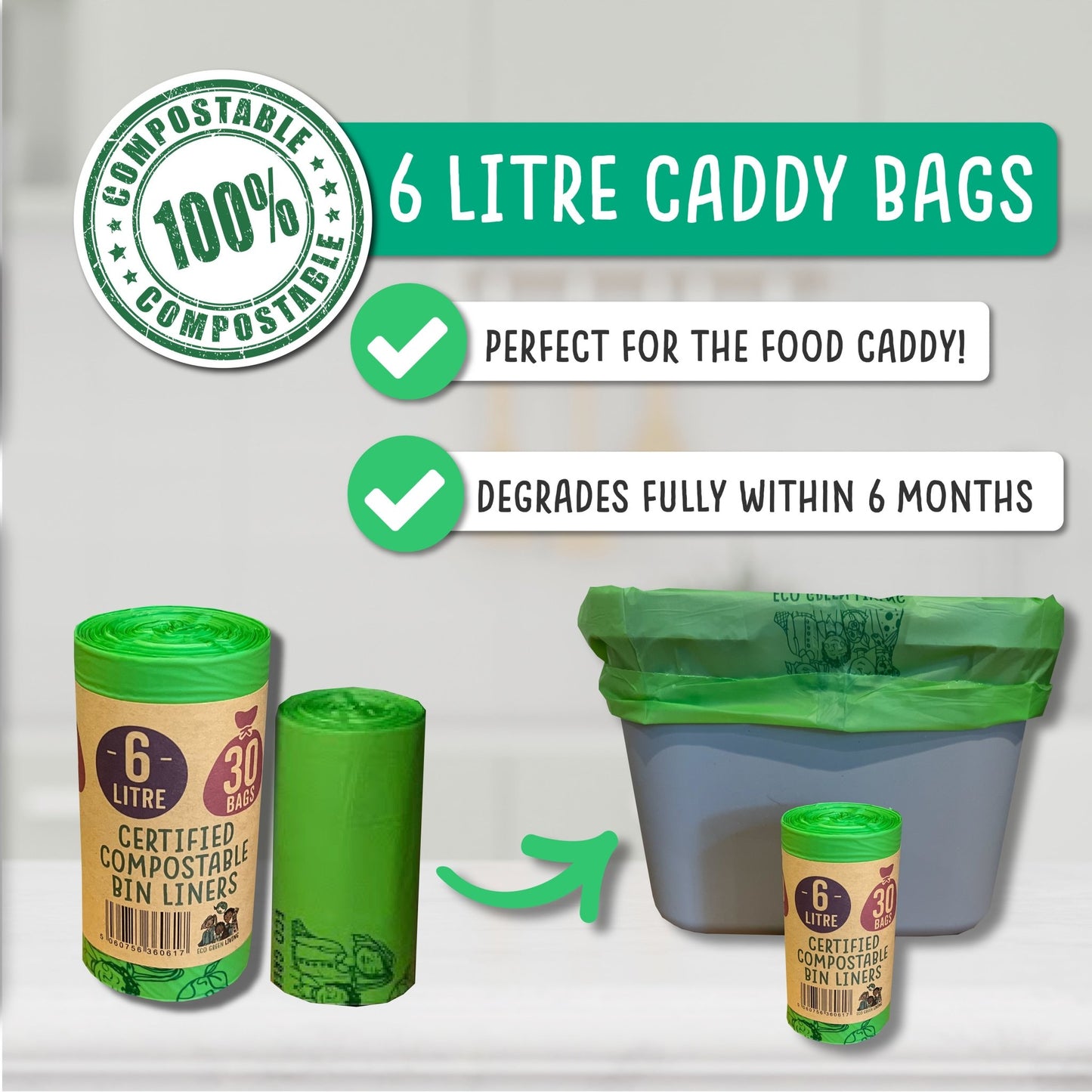 6 Litre Compostable Caddy Bags | 4 roll of 30 bags | Eco Green Living - EcoGreenLiving