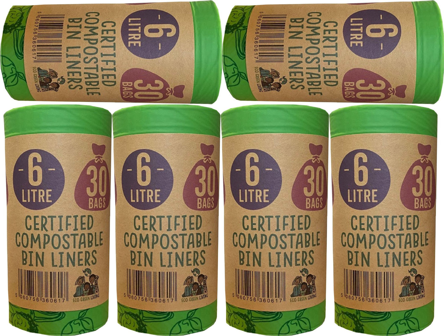 6 Litre Compostable Caddy Bags | 6 roll of 30 bags | Eco Green Living - EcoGreenLiving