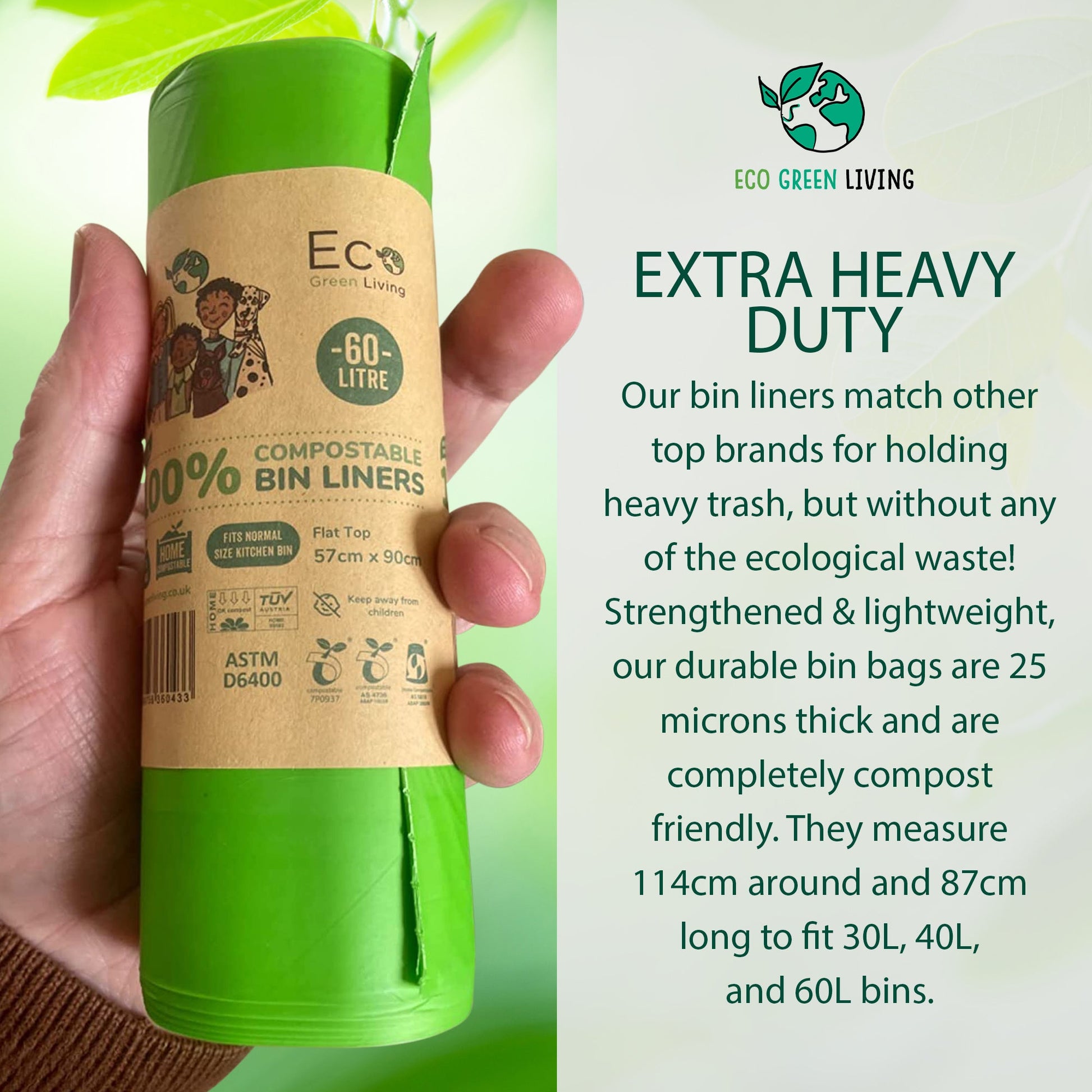 60L Compostable Waste Bags | 1 Roll of 10 Bags | Eco Green Living - Eco Green Living