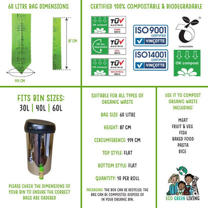 60L Compostable Waste Bags | 2 Rolls of 10 Bags | Eco Green Living - EcoGreenLiving