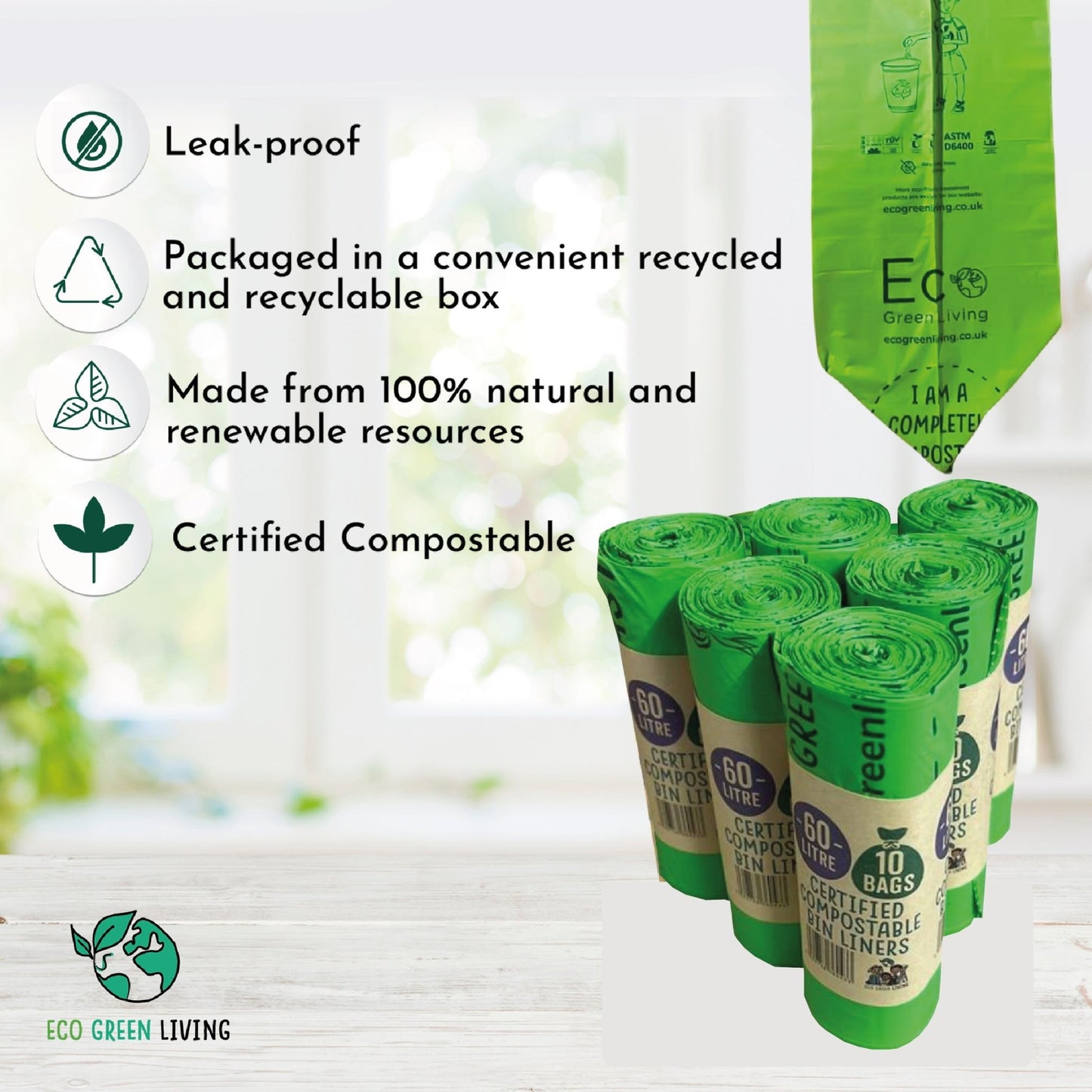 60L Compostable Waste Bags | 6 Rolls of 10 Bags | Eco Green Living - EcoGreenLiving