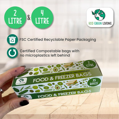 Certified Compostable Food & Freezer Bags Pack 2 Litre & 4 Litre (120 bags total) - Eco Green Living