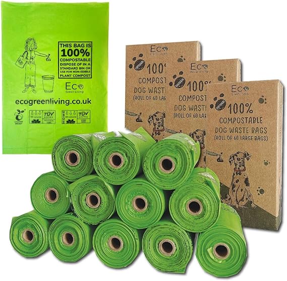 Compostable Dog Waste Bags - EGL - 3 x 4 Rolls of 15 Bags - 180 Bags - EcoGreenLiving