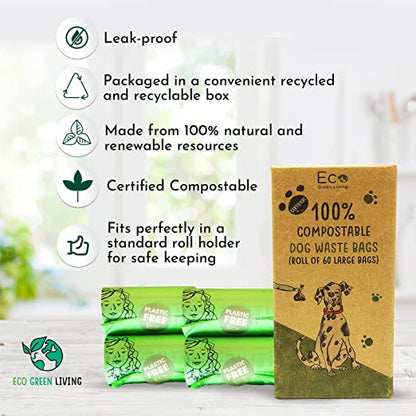 Compostable Dog Waste Bags - EGL - 4 Rolls of 15 Bags - 60 Bags - Eco Green Living