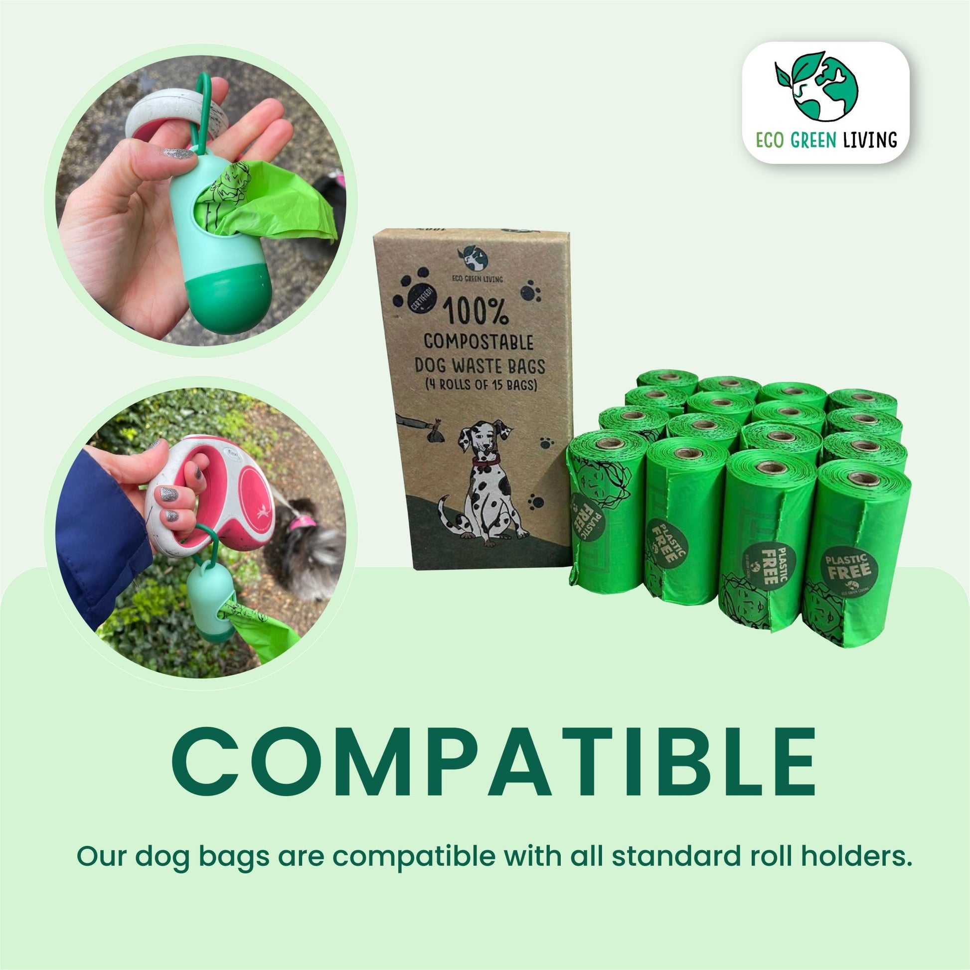 Compostable Dog Waste Bags - EGL - 4 x 4 Rolls of 15 Bags - 240 Bags - EcoGreenLiving