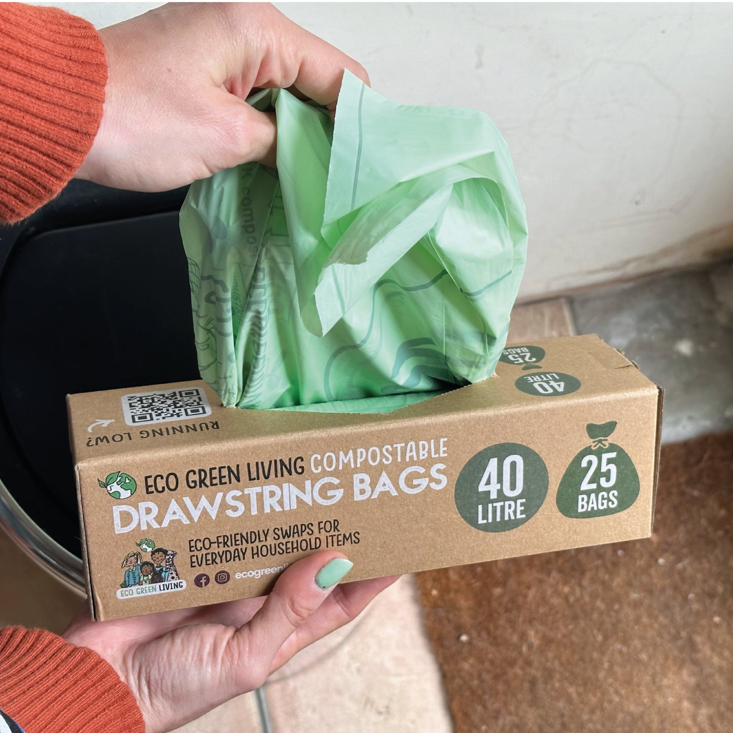 Compostable Drawstring Bin Bags | 40 Litre (25 bags) - EcoGreenLiving