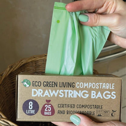 Compostable Drawstring Bin Bags | 8 Litre (25 bags) - EcoGreenLiving