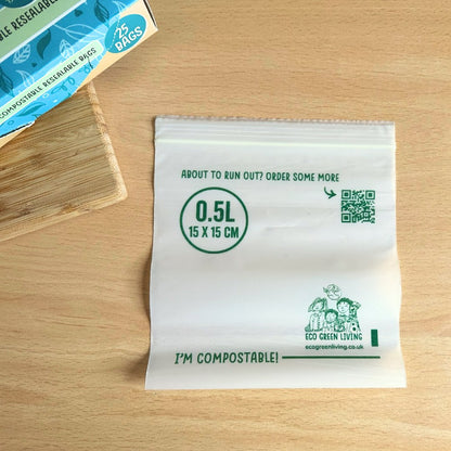 Compostable Resealable Zip Lock Bags Small | 0.5 Litre (25 bags) - EcoGreenLiving
