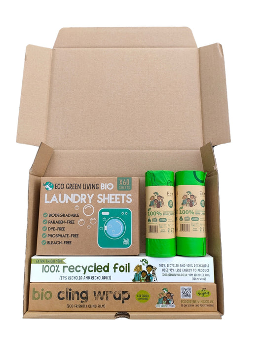 Eco Friendly Premium- Cling film | Foil | Compostable 60L bin bags | Laundry sheets (Subscription Swap out Pack) - Eco Green Living