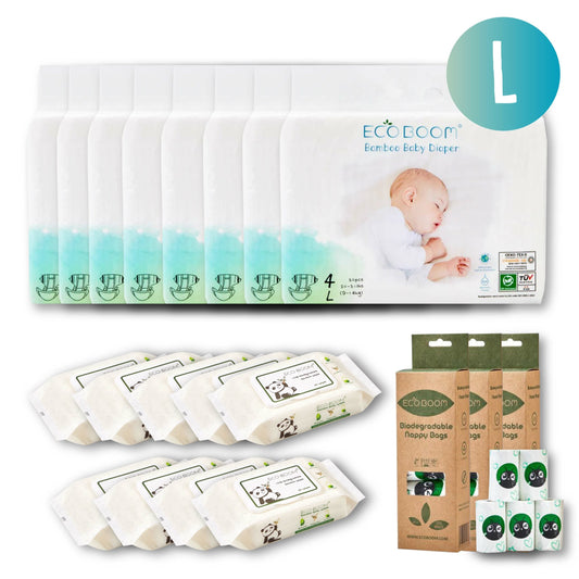 Eco Parenting Bundle- 2 Months Supply of Nappies, Nappy Bags and Baby Wipes (Large) - Eco Green Living