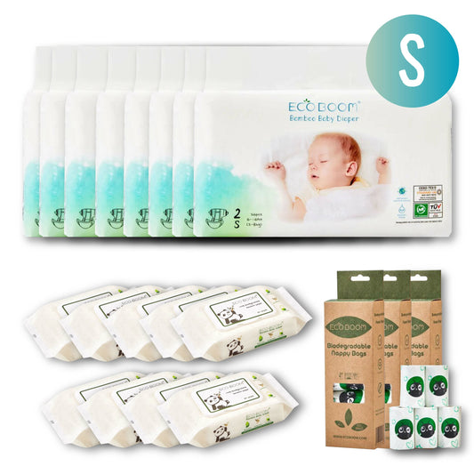 Eco Parenting Bundle- 2 Months Supply of Nappies, Nappy Bags and Baby Wipes (Small) - Eco Green Living