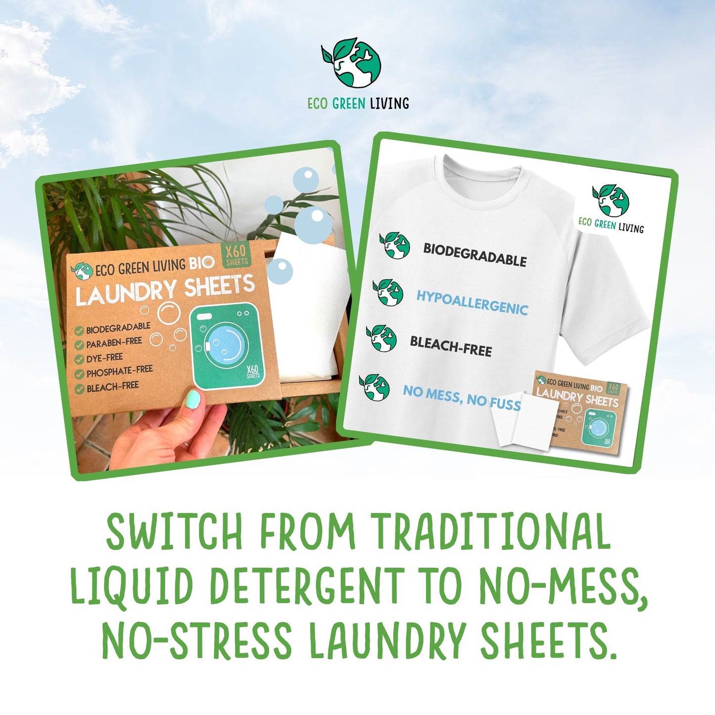 Laundry Detergent Sheets (60 Sheets) - Powerful Laundry Sheets/Washing Machine Sheets - Friendly to the Planet -Reduce Need for Fabric Softener - Zero Plastic Washing Sheets - Eco Green Living